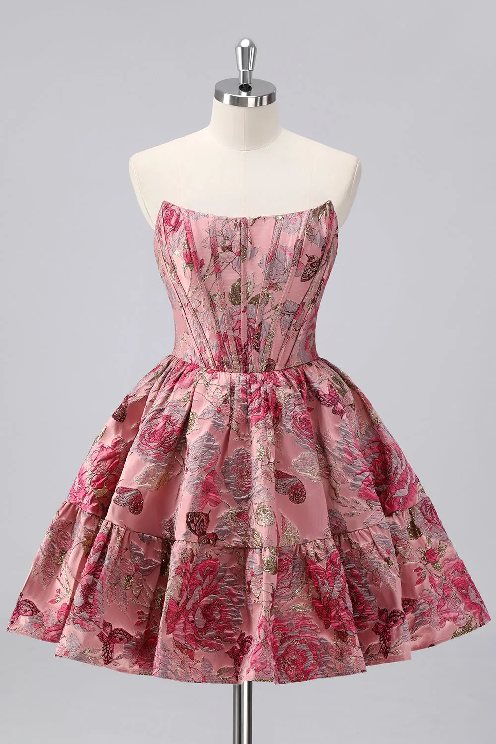 Blush A-Line Off The Shoulder Lace Up Floral Brocade Mini Homecoming Dress sold by Wedtrend product image thumbnail 4