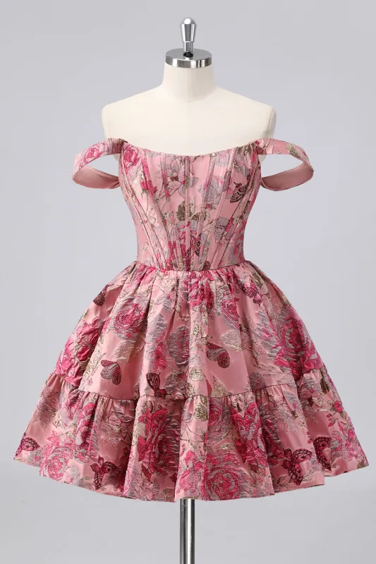 Blush A-Line Off The Shoulder Lace Up Floral Brocade Mini Homecoming Dress made by Wedtrend