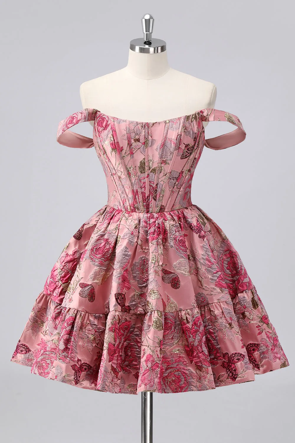 Blush A-Line Off The Shoulder Lace Up Floral Brocade Mini Homecoming Dress sold by Wedtrend
