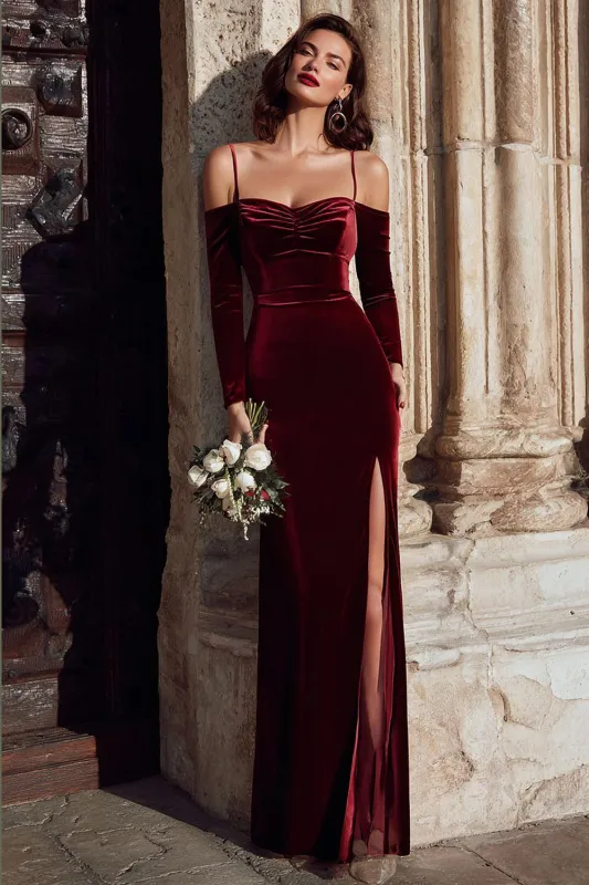 Cold Shoulder Burgundy Sheath Burgundy Sheath Velvet Holiday Party Dress with Slit sold by Wedtrend