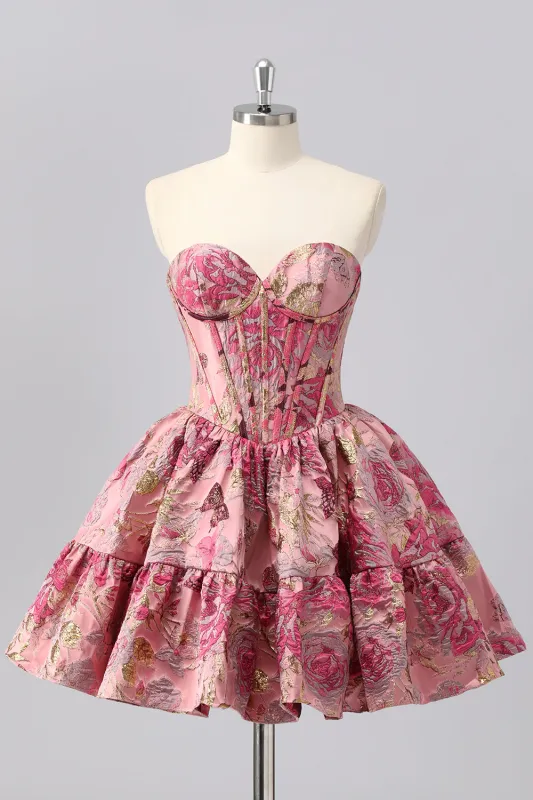 Blush A-Line Sweetheart Floral Brocade Corset Homecoming Dress With Ruffles made by Wedtrend
