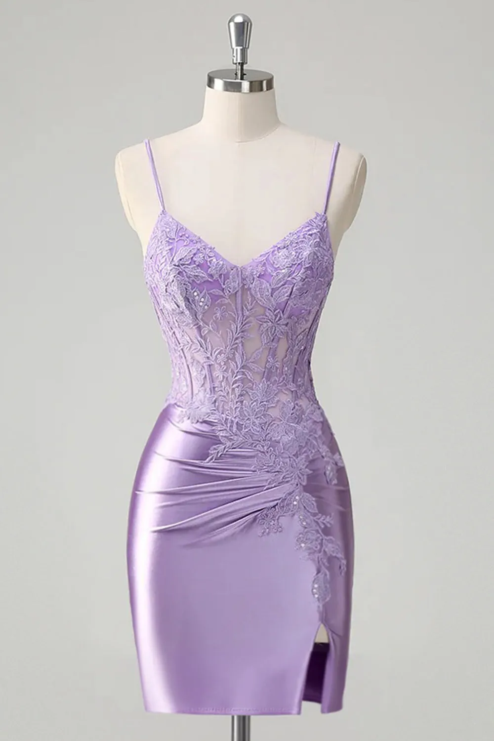 Lilac Tight Spaghetti Straps Corset Homecoming Dress with Slit sold by Wedtrend