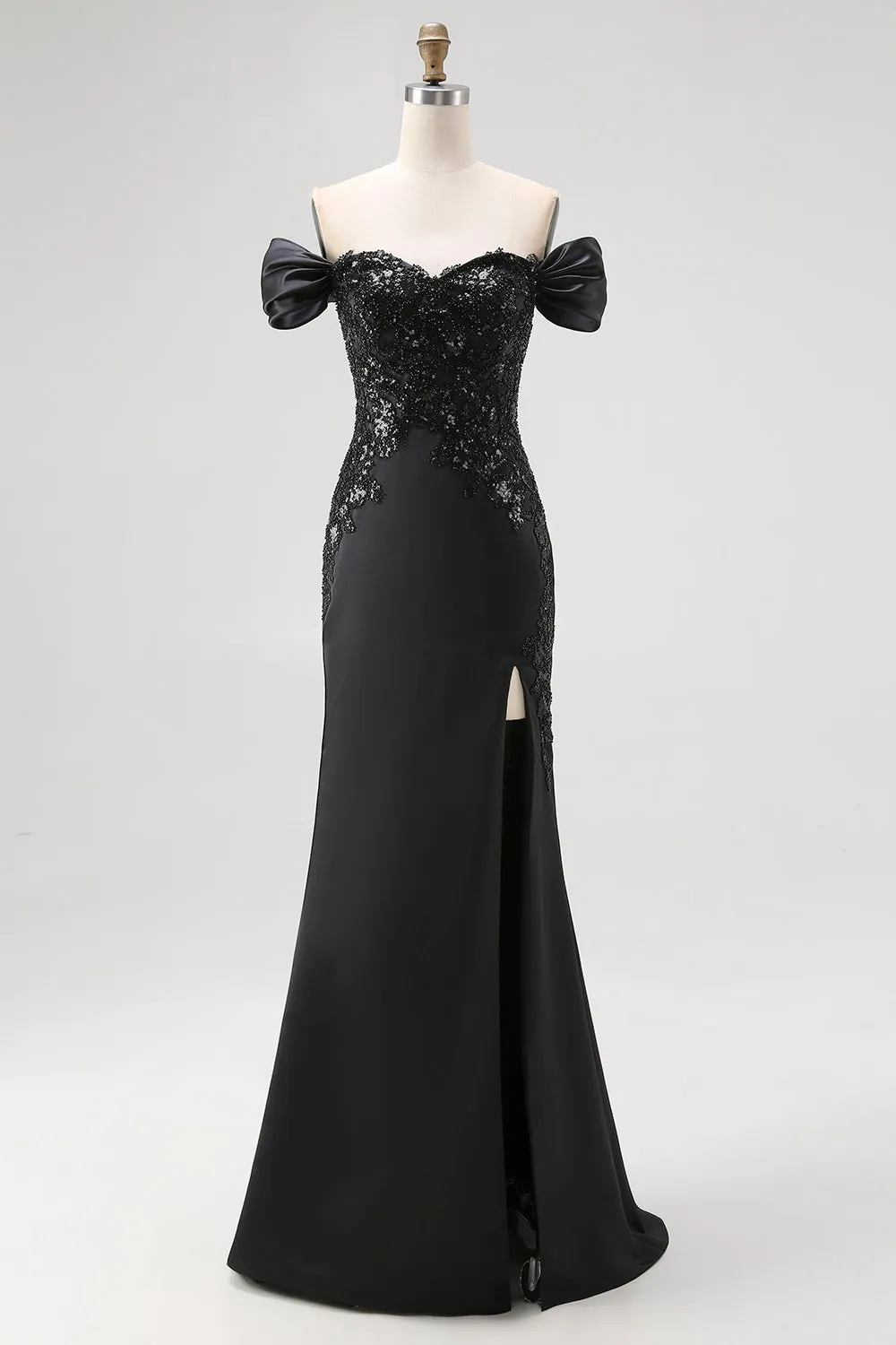 Mermaid Off The Shoulder Long Stain Black Tie Formal Dress With Slit sold by Wedtrend