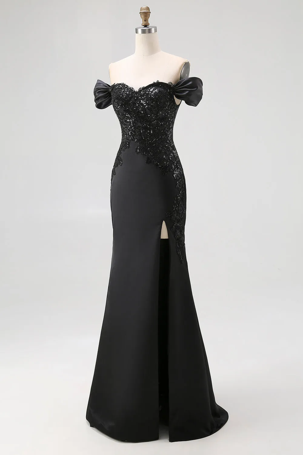 Mermaid Off The Shoulder Long Stain Black Tie Formal Dress With Slit sold by Wedtrend product image thumbnail 3