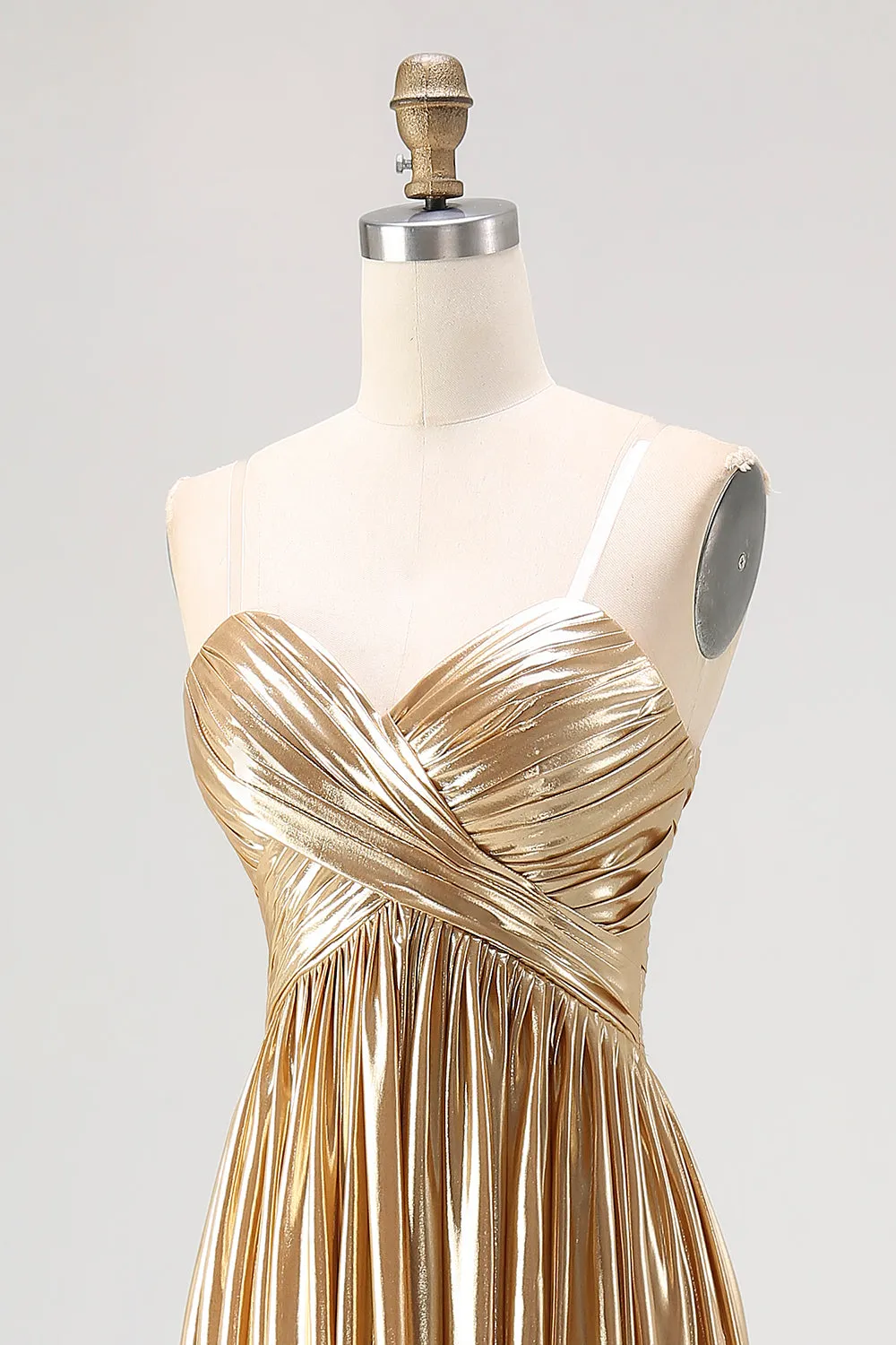 A-Line V-Neck Gold Metallic Pleated Long Prom Dress sold by Wedtrend product image thumbnail 5
