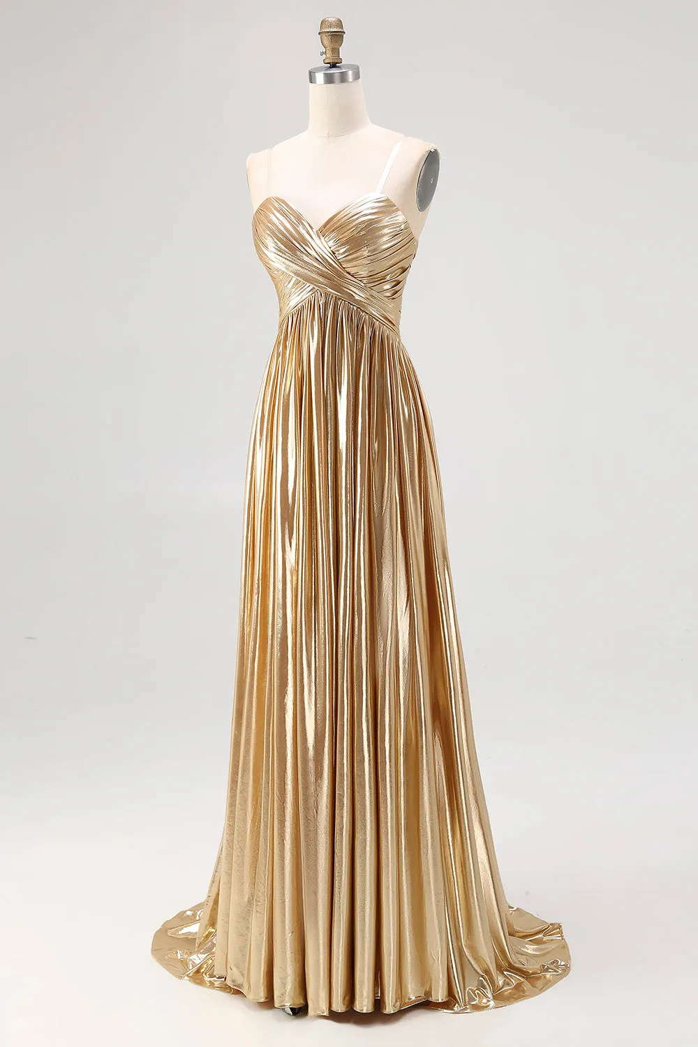 A-Line V-Neck Gold Metallic Pleated Long Prom Dress sold by Wedtrend product image thumbnail 2