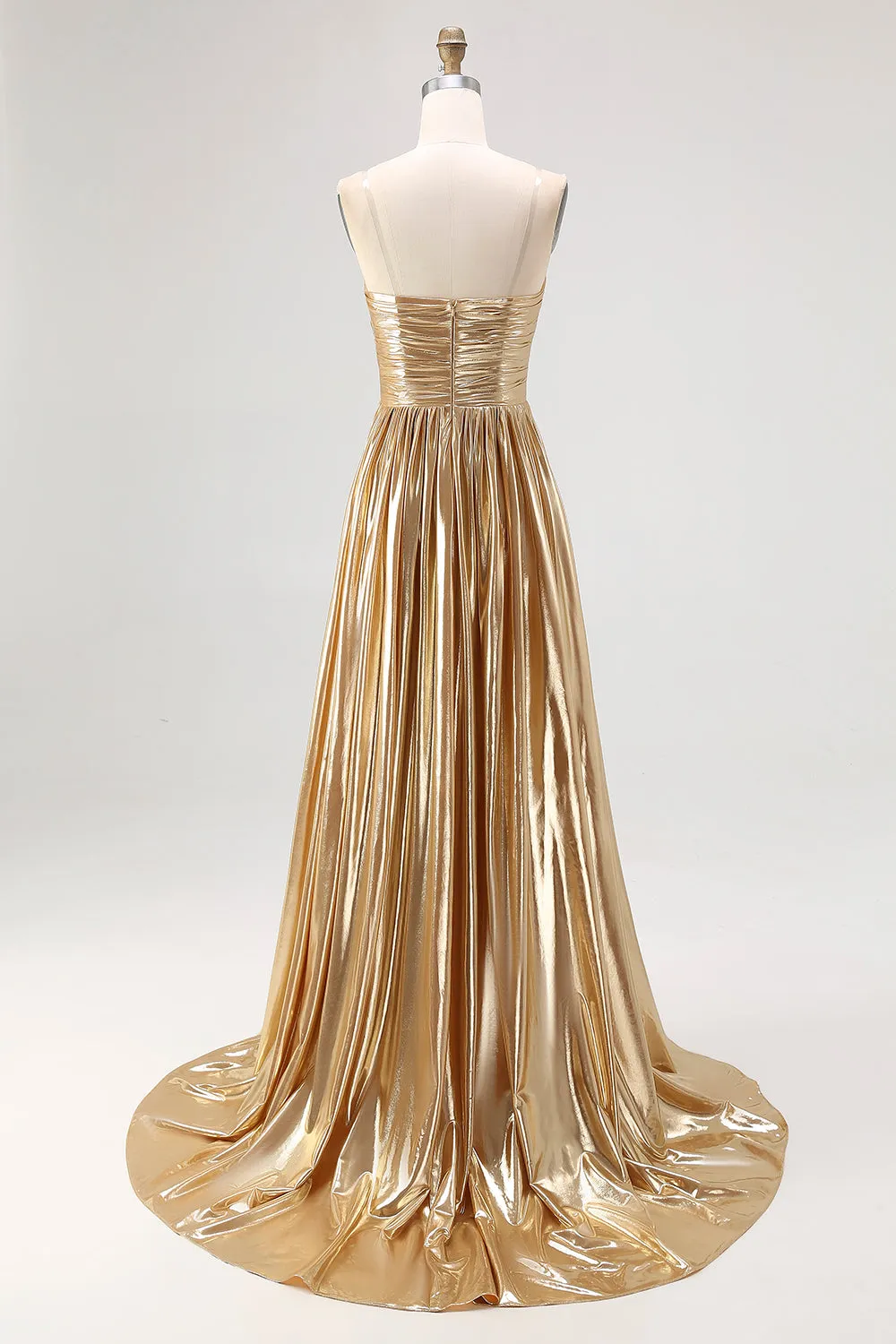 A-Line V-Neck Gold Metallic Pleated Long Prom Dress sold by Wedtrend product image thumbnail 3