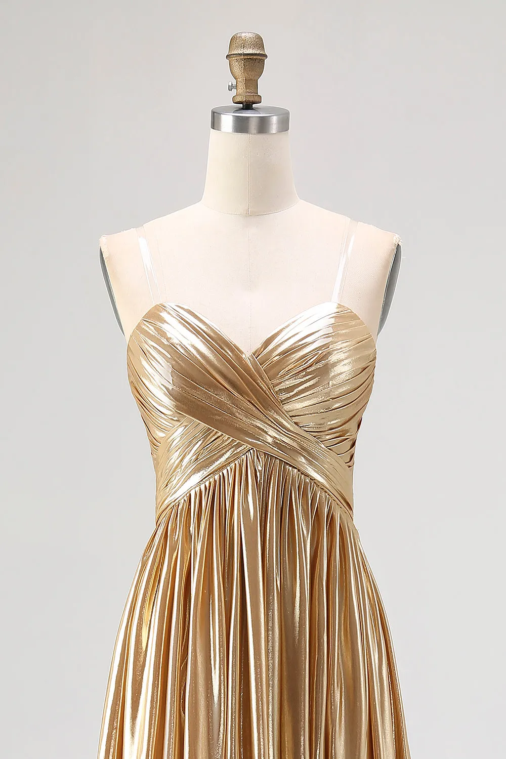 A-Line V-Neck Gold Metallic Pleated Long Prom Dress sold by Wedtrend product image thumbnail 4