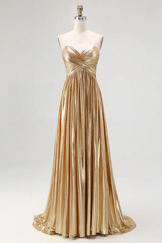 A-Line V-Neck Gold Metallic Pleated Long Prom Dress made by Wedtrend