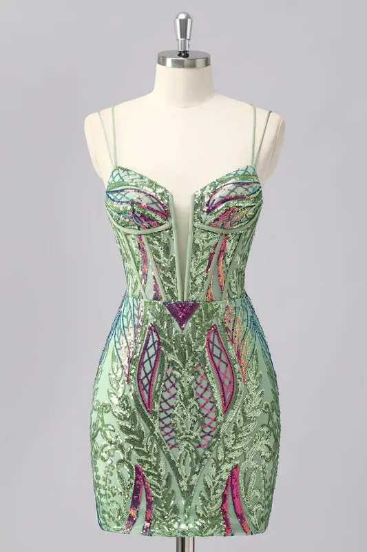 Gorgeous Green Bodycon Spaghetti Straps Corset Homecoming Dress with Sequins made by Wedtrend