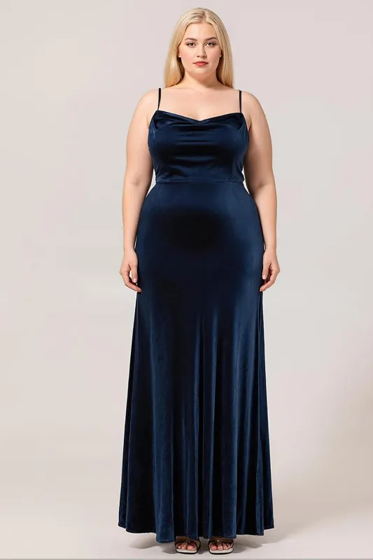 Dark Blue Mermaid Cowl Neck Backless Velvet Long Plus Size Bridesmaid Dress sold by Wedtrend