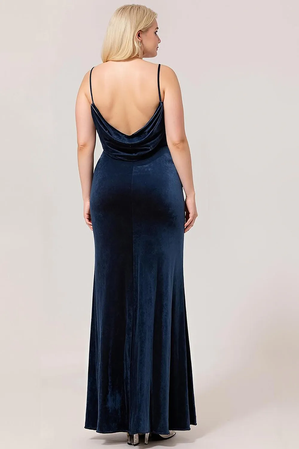 Dark Blue Mermaid Cowl Neck Backless Velvet Long Plus Size Bridesmaid Dress sold by Wedtrend product image thumbnail 3