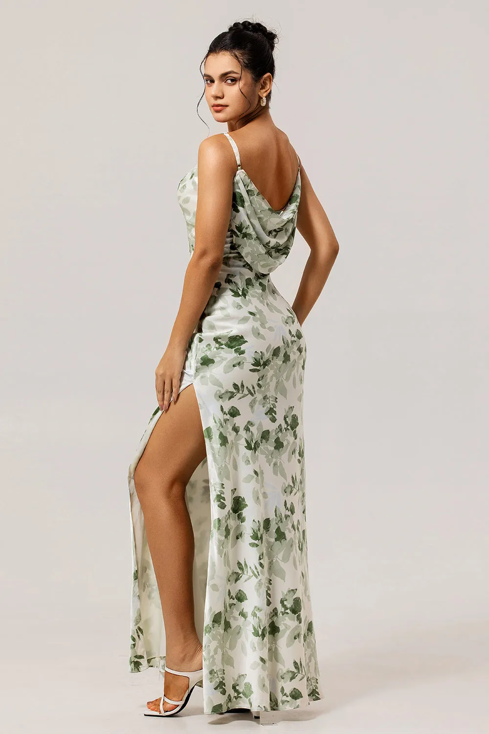Green Flower Sheath Cowl Neck Print Open Back Long Plus Size Bridesmaid Dress with Slit sold by Wedtrend product image thumbnail 4