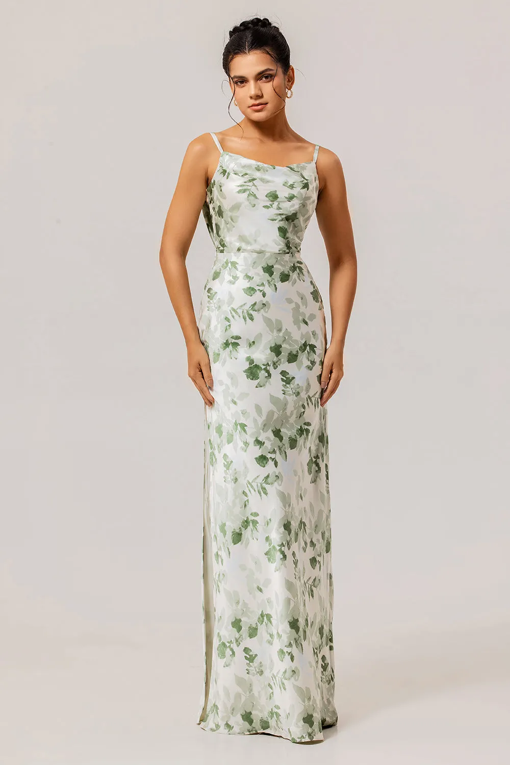 Green Flower Sheath Cowl Neck Print Open Back Long Plus Size Bridesmaid Dress with Slit sold by Wedtrend product image thumbnail 2