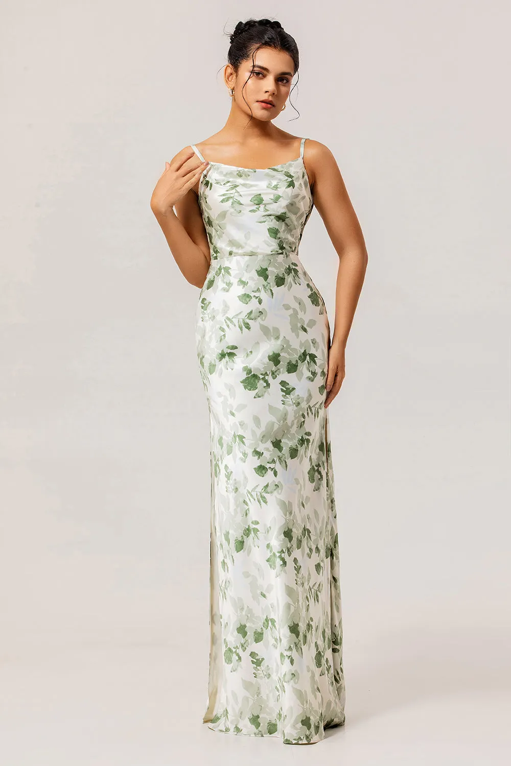 Green Flower Sheath Cowl Neck Print Open Back Long Plus Size Bridesmaid Dress with Slit sold by Wedtrend product image thumbnail 5