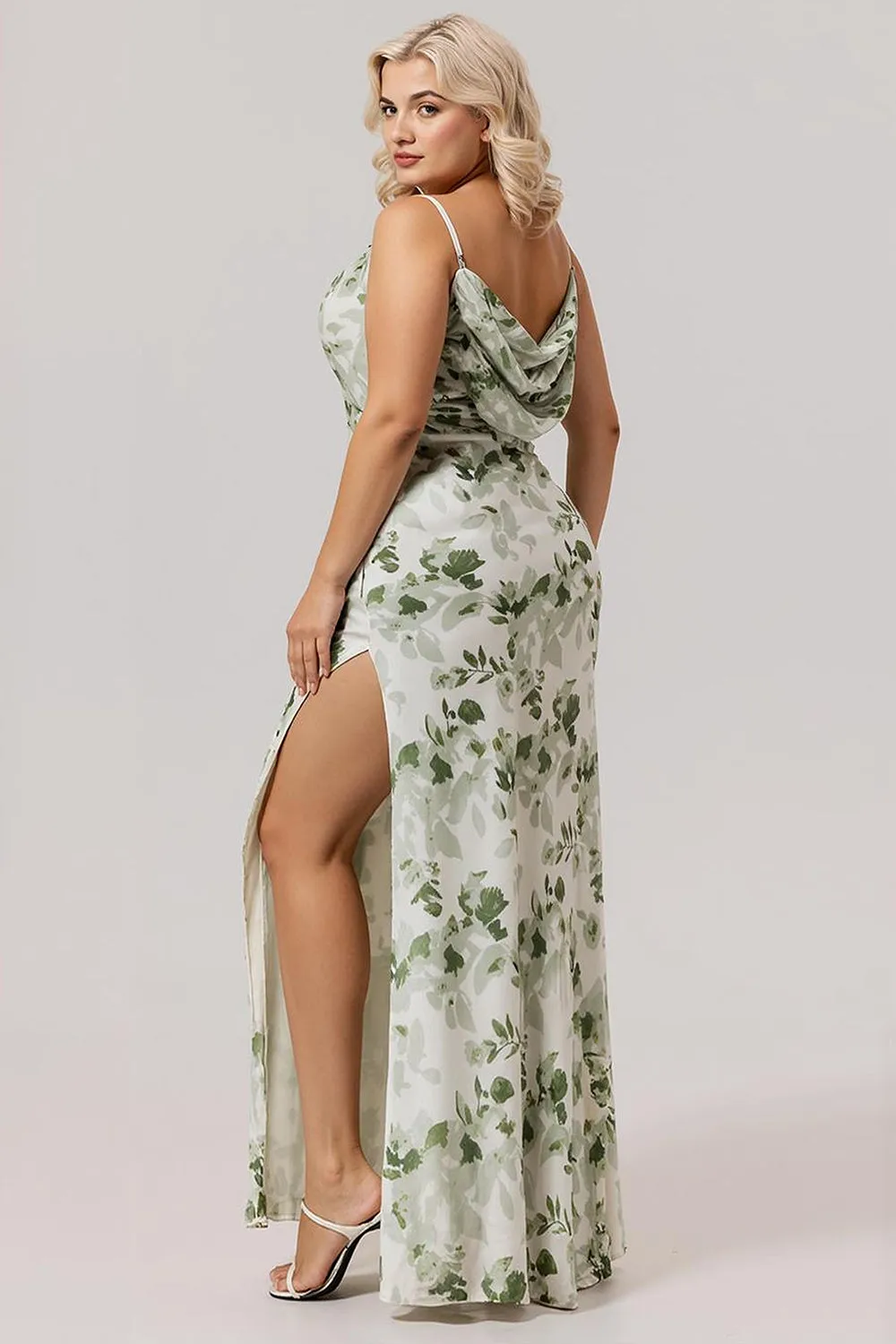 Green Flower Sheath Cowl Neck Print Open Back Long Plus Size Bridesmaid Dress with Slit sold by Wedtrend product image thumbnail 3