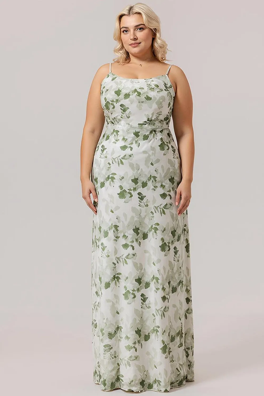 Green Flower Sheath Cowl Neck Print Open Back Long Plus Size Bridesmaid Dress with Slit sold by Wedtrend