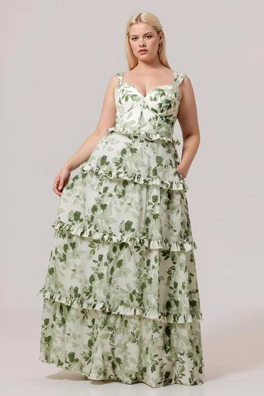 Green Flower A-Line Corset Ruffle Long Plus Size Bridesmaid Dress with Lace Up Back sold by Wedtrend