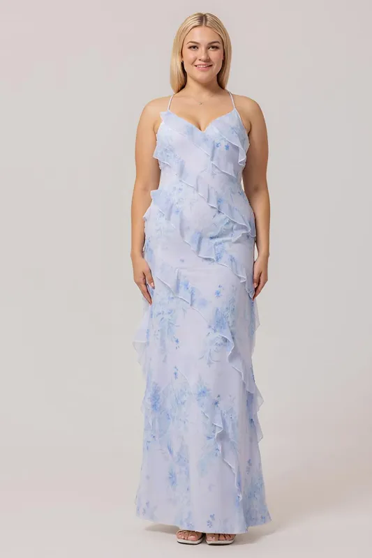 Blue Sheath Backless Print Floral Long Plus Size Bridesmaid Dress with Lace Up Back made by Wedtrend