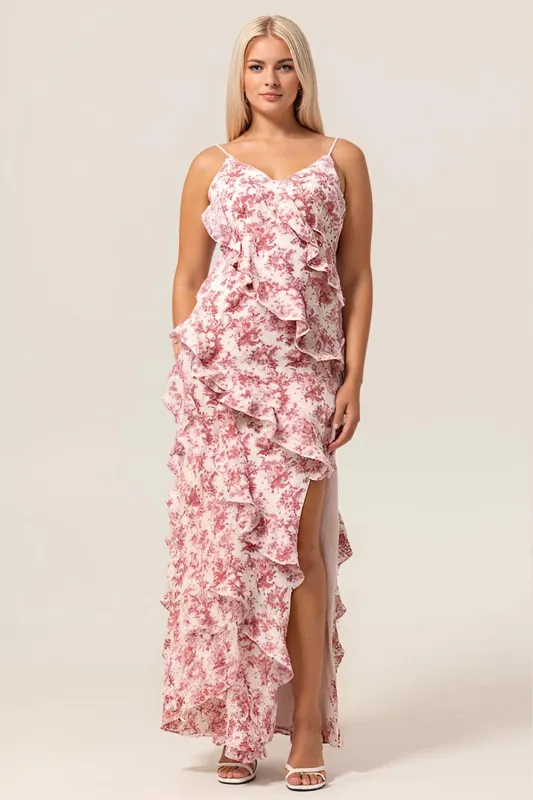 Blush Sheath Ruffle Chiffon Print Floral Long Plus Size Bridesmaid Dress with Slit sold by Wedtrend