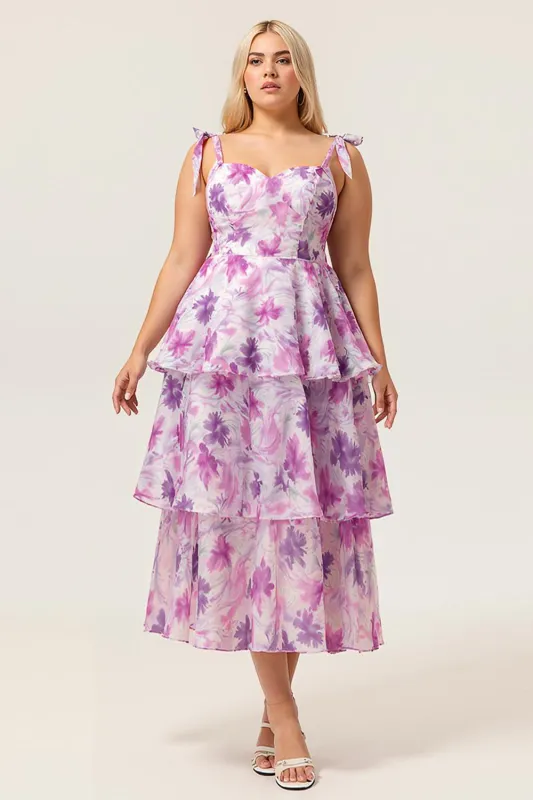 Purple Flower A-Line Lace Up Back Tiered Print Midi Plus Size Dress with Straps Bows sold by Wedtrend