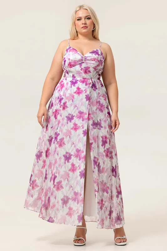 Purple Flower A-Line Front Knot Print Maxi Plus Size Bridesmaid Dress with Slit sold by Wedtrend
