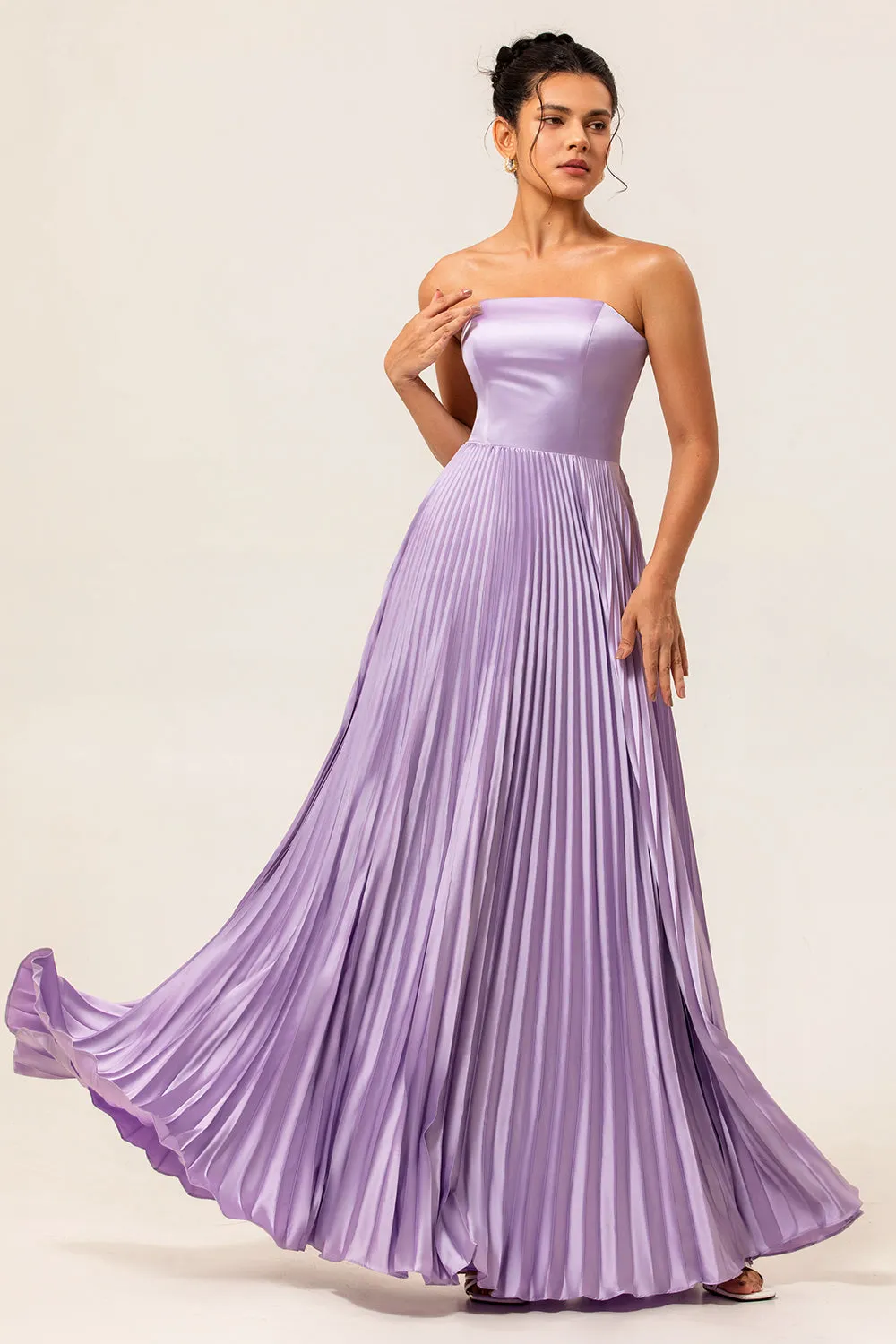 A-line Strapless Pleated Lilac Long Plus Size Bridesmaid Dress with Lace Up Back sold by Wedtrend product image thumbnail 5