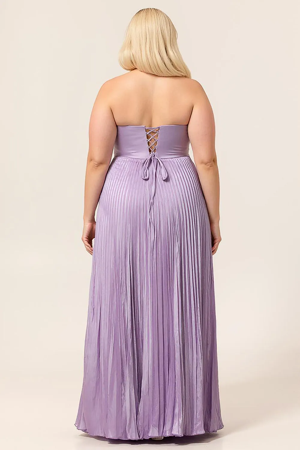 A-line Strapless Pleated Lilac Long Plus Size Bridesmaid Dress with Lace Up Back sold by Wedtrend product image thumbnail 3