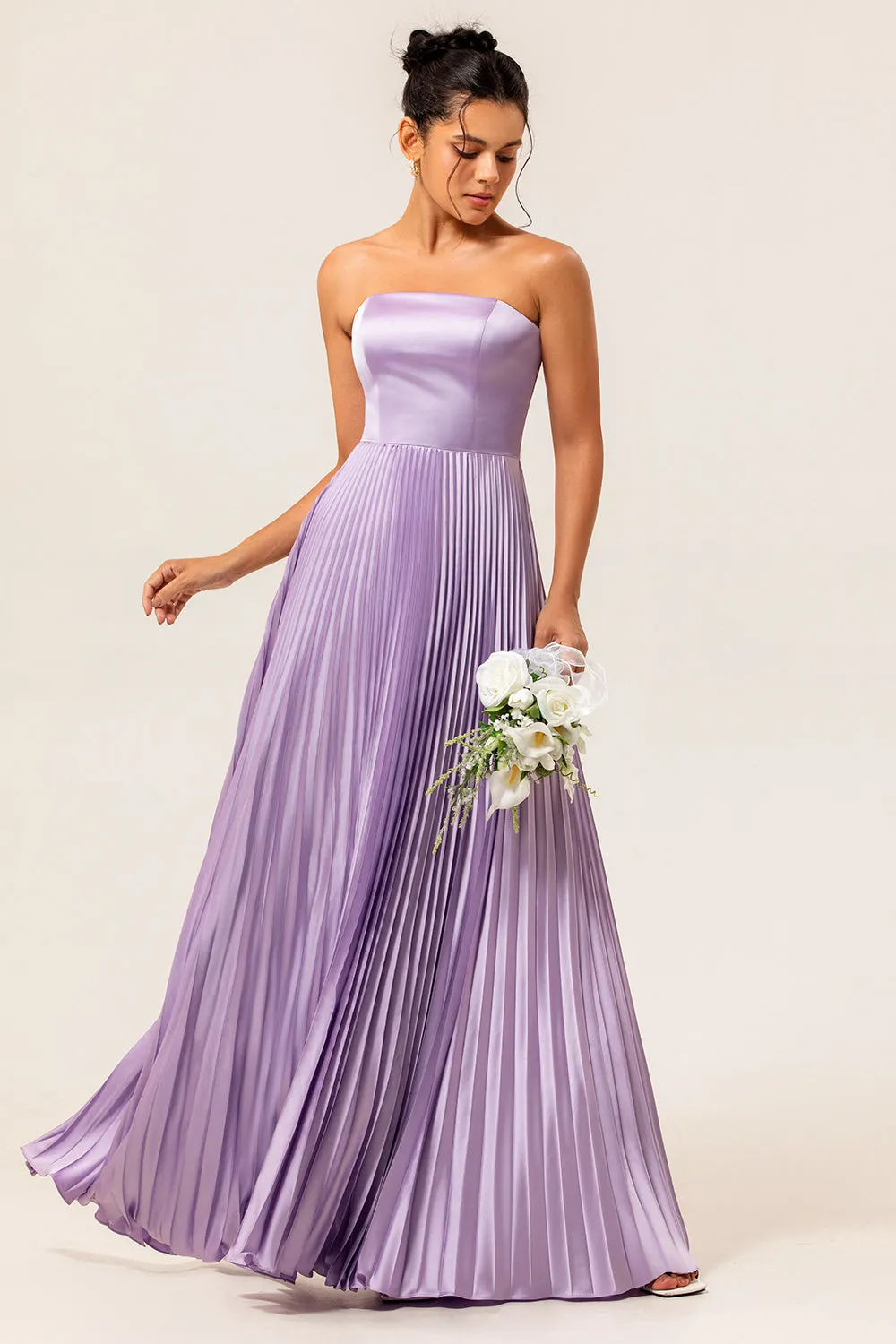 A-line Strapless Pleated Lilac Long Plus Size Bridesmaid Dress with Lace Up Back sold by Wedtrend product image thumbnail 2