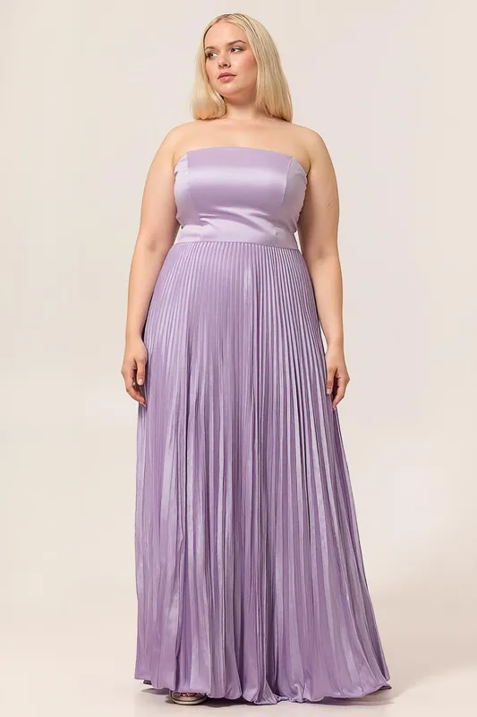 A-line Strapless Pleated Lilac Long Plus Size Bridesmaid Dress with Lace Up Back sold by Wedtrend