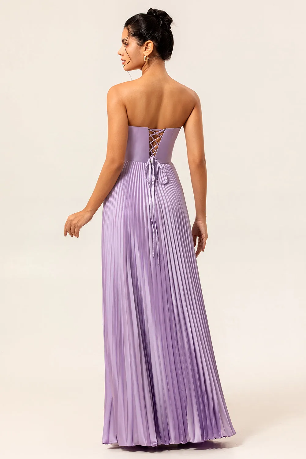 A-line Strapless Pleated Lilac Long Plus Size Bridesmaid Dress with Lace Up Back sold by Wedtrend product image thumbnail 4