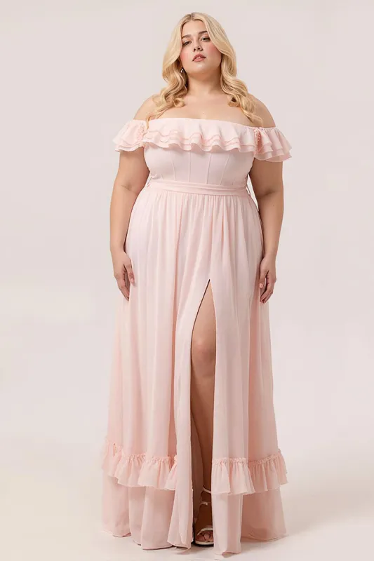 Blush A Line Off the Shoulder Ruffle Corset Plus Size Bridesmaid Dress with Rosette sold by Wedtrend