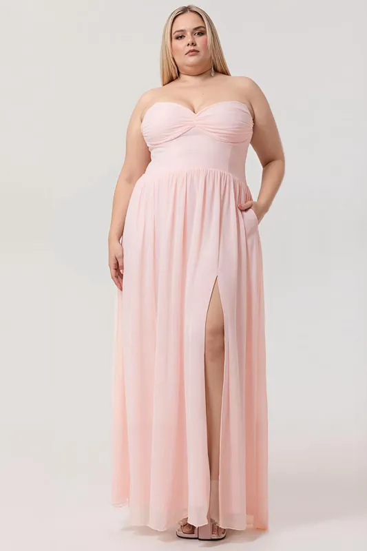 Blush A-Line Strapless Ruched Corset Chiffon Convertible Long Plus Size Bridesmaid Dress with Slit sold by Wedtrend