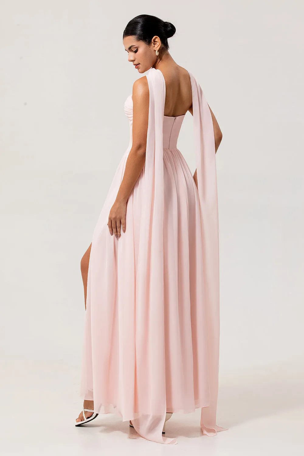 Blush A-Line Strapless Ruched Corset Chiffon Convertible Long Plus Size Bridesmaid Dress with Slit sold by Wedtrend product image thumbnail 4