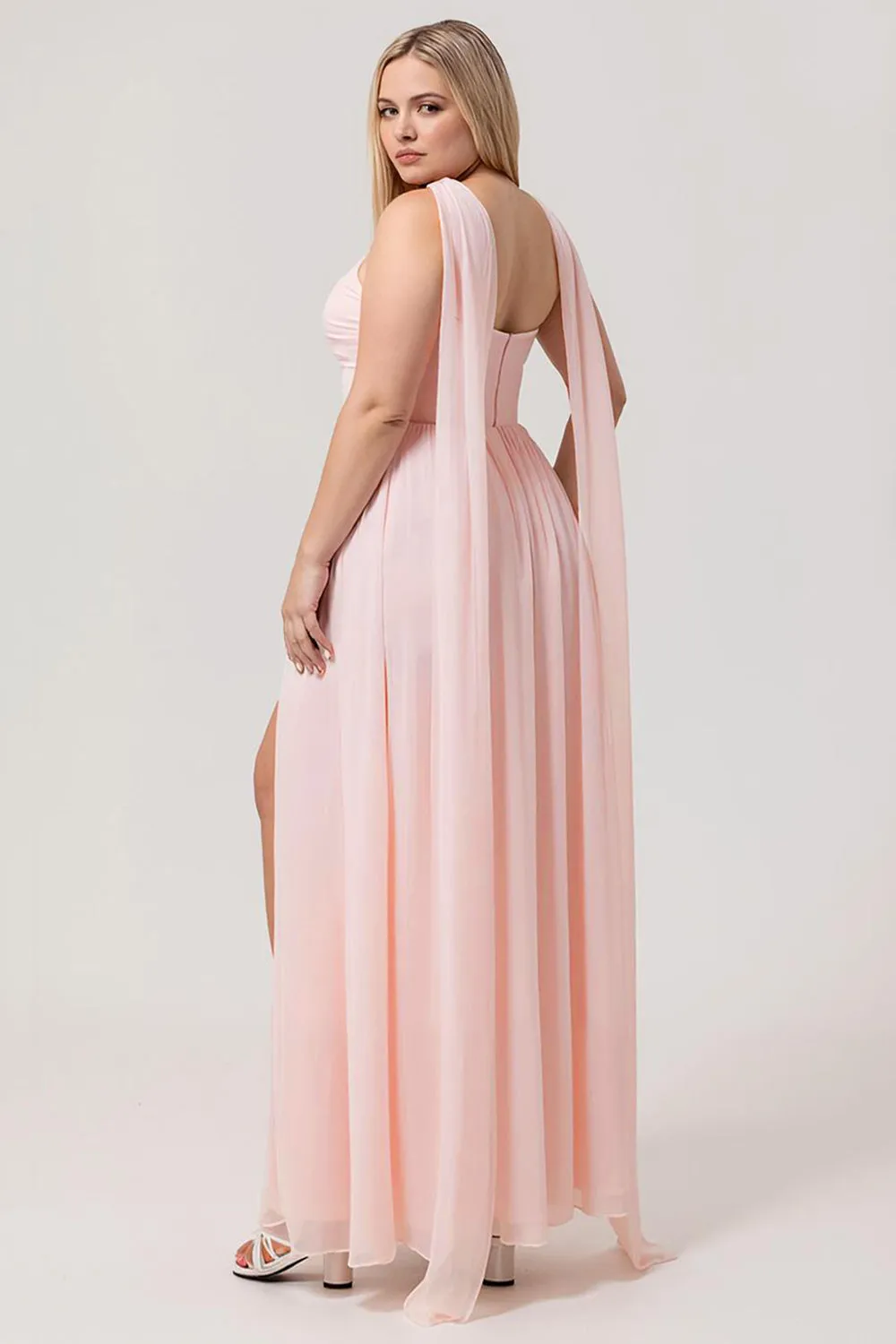 Blush A-Line Strapless Ruched Corset Chiffon Convertible Long Plus Size Bridesmaid Dress with Slit sold by Wedtrend product image thumbnail 3