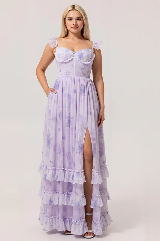 Lavender Floral A-Line Corset Chiffon Print Long Plus Size Bridesmaid Dress with Slit made by Wedtrend