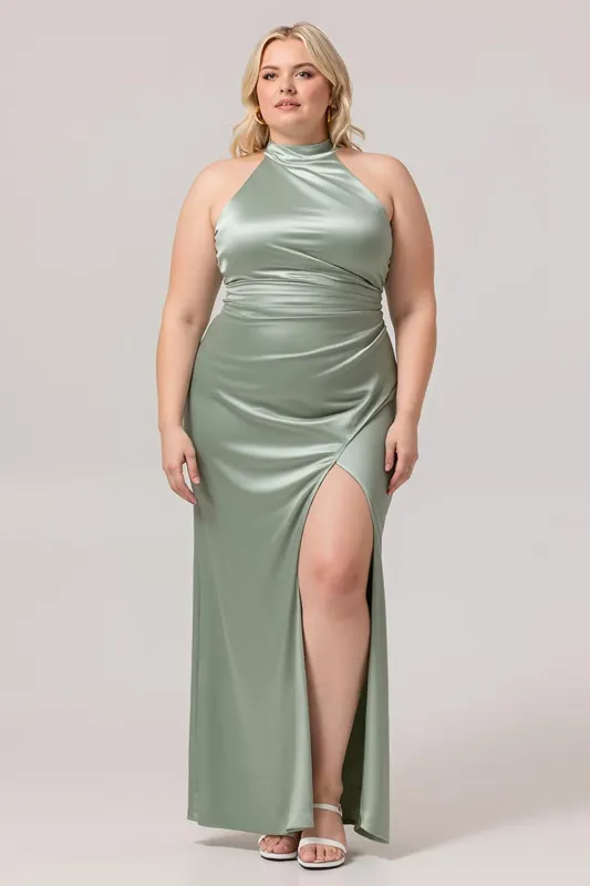 Sage Green Sheath Satin High Neck Backless Long Plus Size Bridesmaid Dress with Side Slit made by Wedtrend