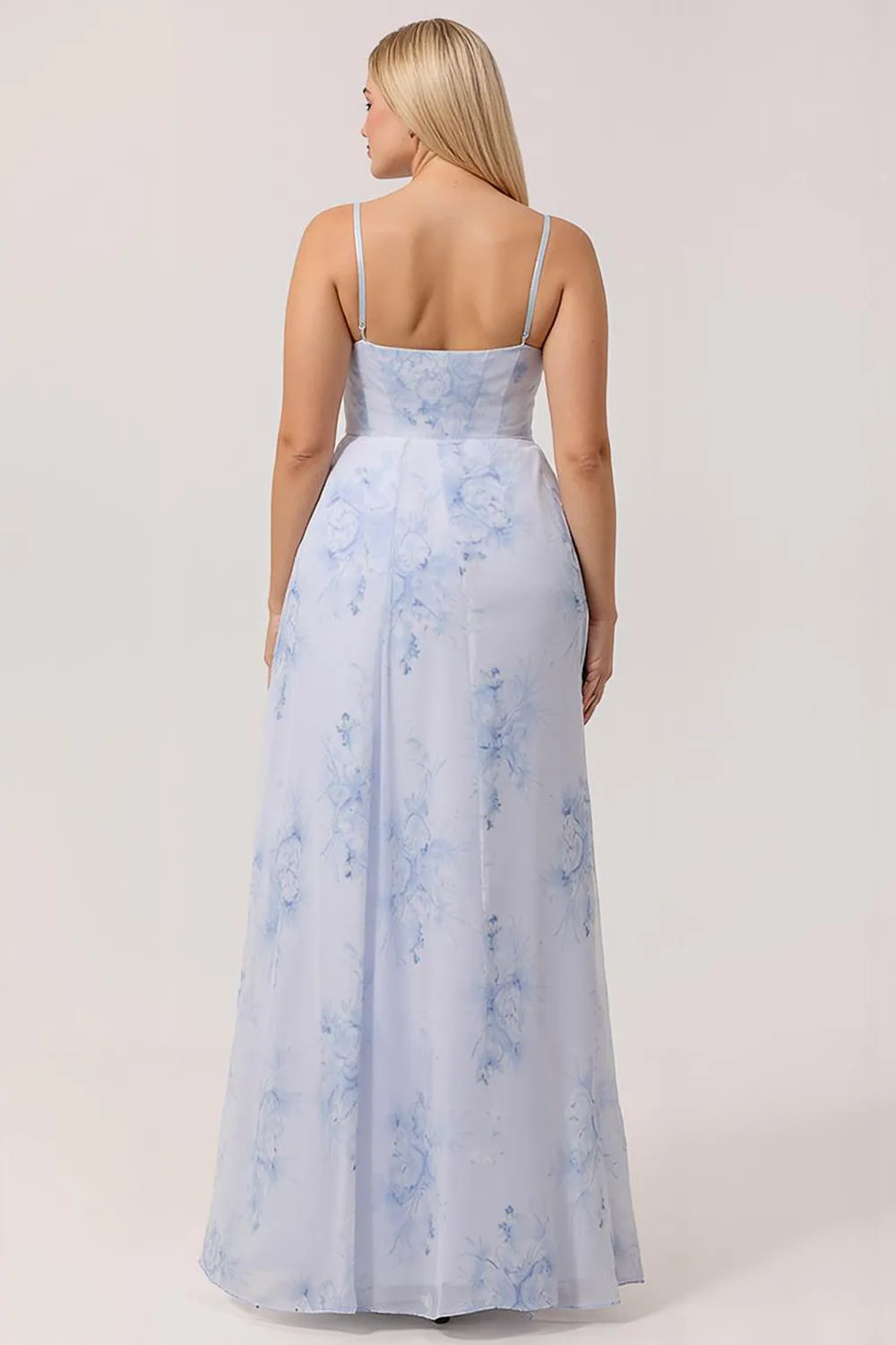 Blue Floral Spaghetti Straps Mermaid Streamer Corset Long Plus Size Bridesmaid Dress with Slit sold by Wedtrend product image thumbnail 3