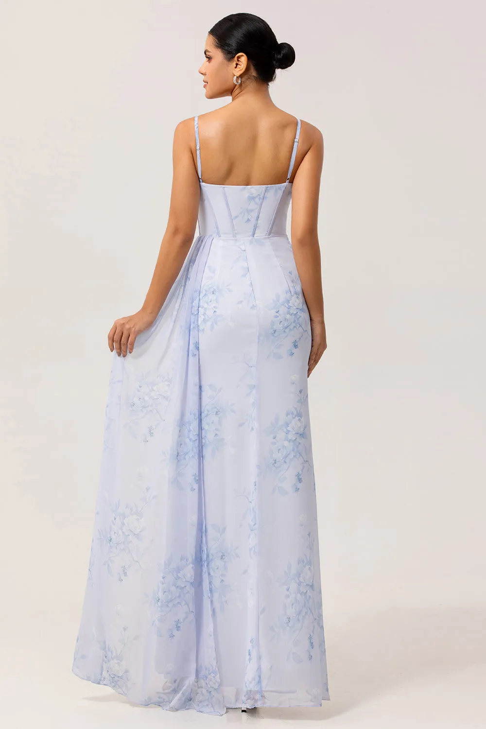 Blue Floral Spaghetti Straps Mermaid Streamer Corset Long Plus Size Bridesmaid Dress with Slit sold by Wedtrend product image thumbnail 4