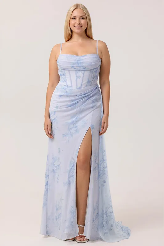 Blue Floral Spaghetti Straps Mermaid Streamer Corset Long Plus Size Bridesmaid Dress with Slit sold by Wedtrend