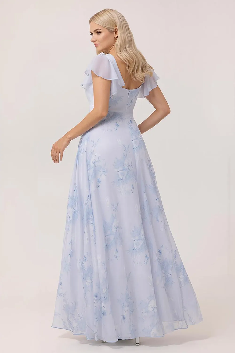 Blue Flower A-Line Square Neck Chiffon Flutter Sleeves Long Plus Size Bridesmaid Dress with Slit sold by Wedtrend product image thumbnail 3