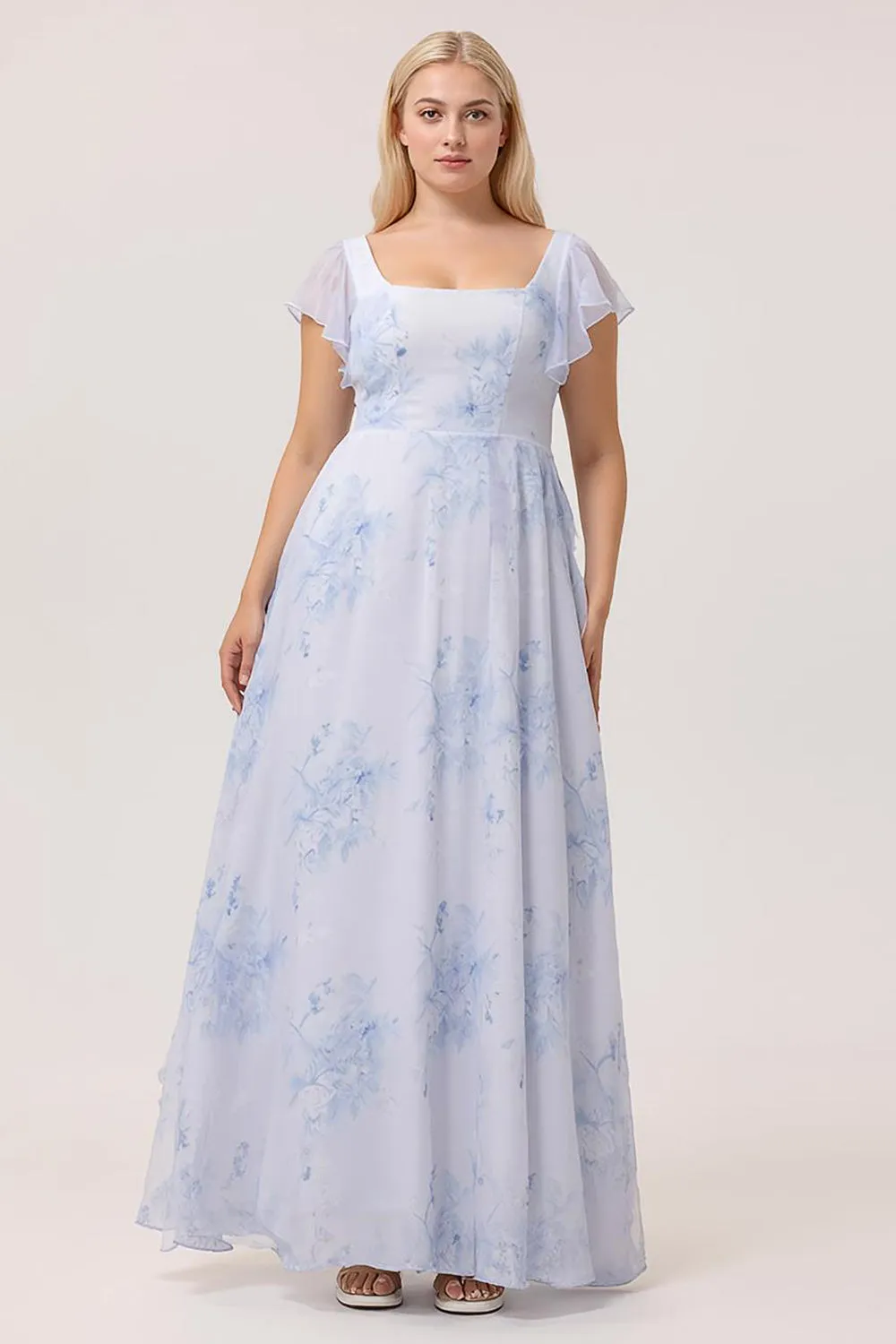 Blue Flower A-Line Square Neck Chiffon Flutter Sleeves Long Plus Size Bridesmaid Dress with Slit sold by Wedtrend
