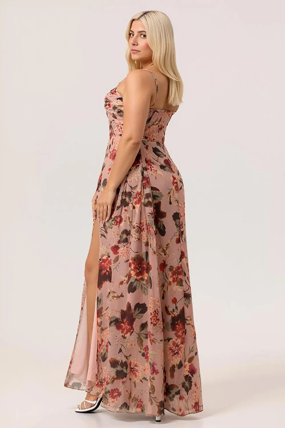 Dusty Rose Flower Fitted Corset Ruched Streamer Chiffon Long Plus Size Bridesmaid Dress with Slit sold by Wedtrend product image thumbnail 3