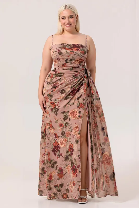 Dusty Rose Flower Fitted Corset Ruched Streamer Chiffon Long Plus Size Bridesmaid Dress with Slit made by Wedtrend