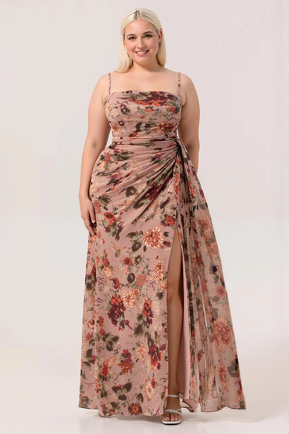 Dusty Rose Flower Fitted Corset Ruched Streamer Chiffon Long Plus Size Bridesmaid Dress with Slit sold by Wedtrend