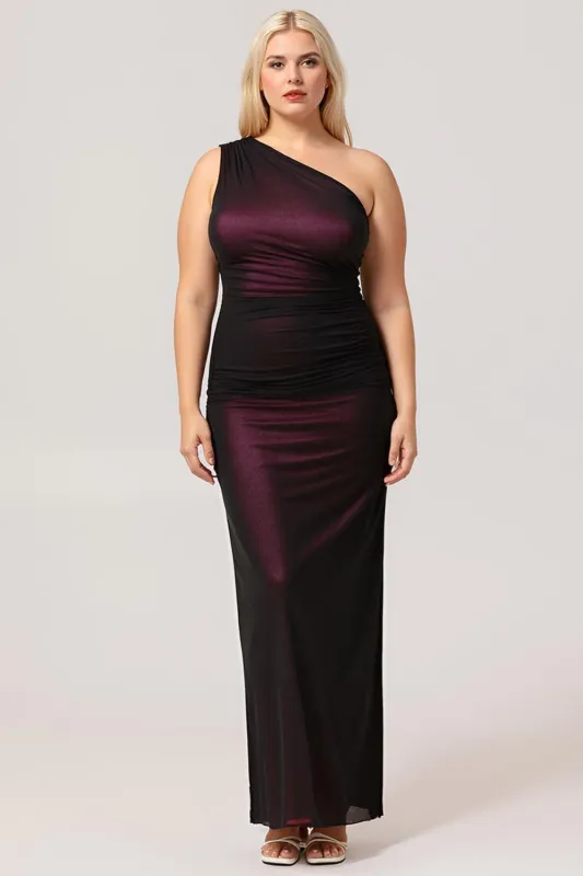 Black Pink Sheath One Shoulder Ruched Tulle Long Plus Size Bridesmaid Dress with Slit made by Wedtrend