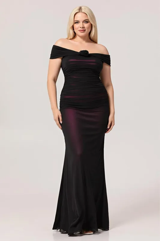 Black Pink Mermaid Off The Shoulder Ruched Tulle Plus Size Bridesmaid Dress with Rosette made by Wedtrend