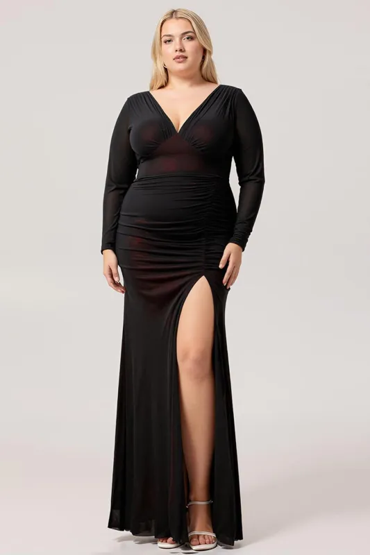 Black Red Mermaid V-Neck Long Sleeves Tulle Plus Size Bridesmaid Dress with Slit made by Wedtrend