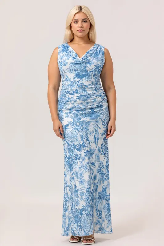 Blue & White Floral Fitted Cowl Neck Backless Maxi Plus Size Dress with Slit made by Wedtrend