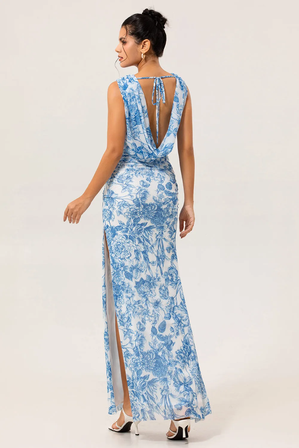 Blue & White Floral Fitted Cowl Neck Backless Maxi Plus Size Dress with Slit sold by Wedtrend product image thumbnail 4